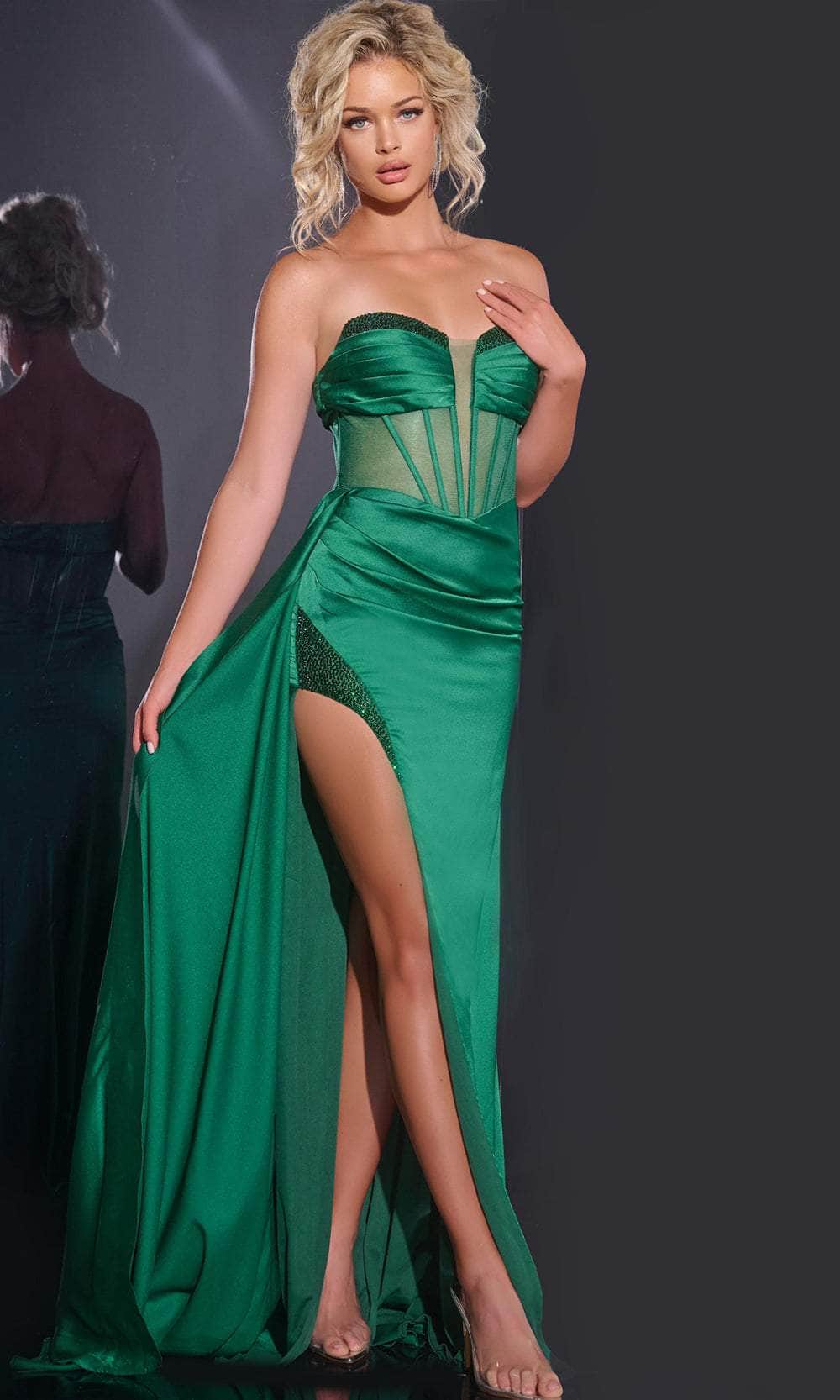 Jovani 43157 - Long Satin Sheath Dress - Sheer Corset Bodice, Strapless, Beaded Accent, Side Slit, Floor Length, Mid-Open Back, Back Zipper Closure Couture Candy Jovani 43157 - Long Satin Sheath Dress - Sheer Corset Bodice, Strapless, Beaded Accent, Side Slit, Floor Length, Mid-Open Back, Back Zipper Closure Couture Candy