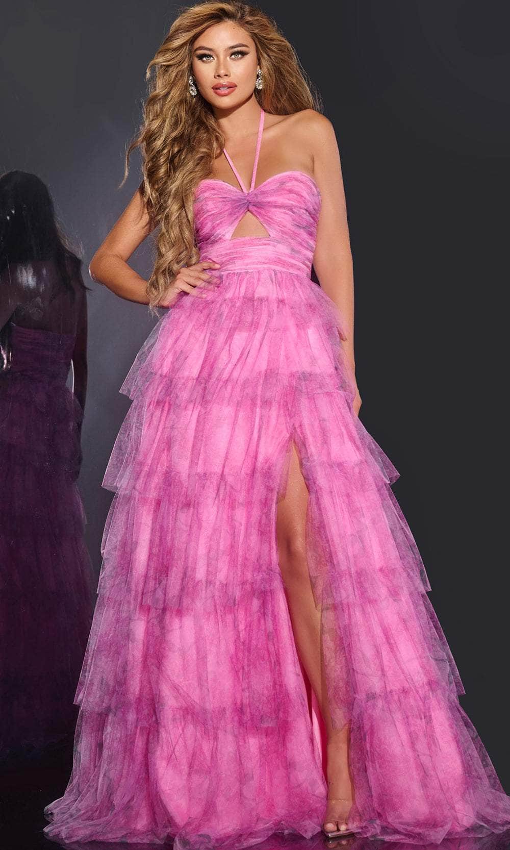Jovani 43170 - Long Tulle A-Line Dress - Sleeveless, Slit, Fitted Bodice, Tiered Ruffle, Keyhole, Back Zipper Closure, Train Couture Candy Jovani 43170 - Long Tulle A-Line Dress - Sleeveless, Slit, Fitted Bodice, Tiered Ruffle, Keyhole, Back Zipper Closure, Train Couture Candy