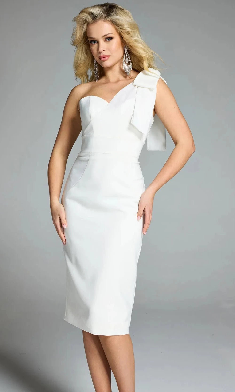 Jovani 43601 - Knee Length Sheath Dress - Bow Accent On One Shoulder, Back Zipper, Sleeveless, Fitted Bodice 14 / Bridal White - Shop Jovani dresses Jovani 43601 - Knee Length Sheath Dress - Bow Accent On One Shoulder, Back Zipper, Sleeveless, Fitted Bodice 14 / Bridal White - Shop Jovani dresses