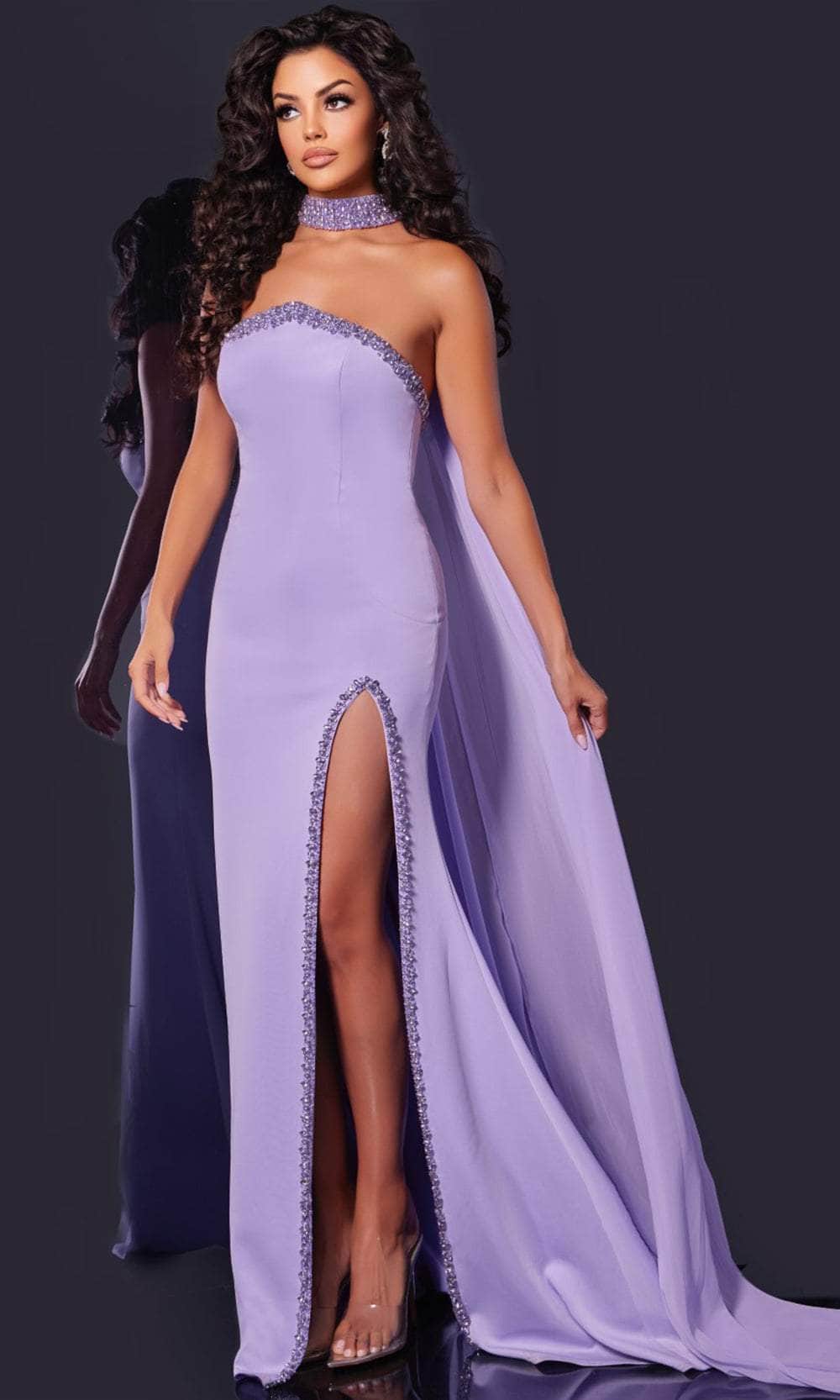 Jovani 43658 - Long Satin Sheath Dress - Strapless, Beaded, High Slit, Fitted, Choker, Draped Detail, Sweep Train Couture Candy Jovani 43658 - Long Satin Sheath Dress - Strapless, Beaded, High Slit, Fitted, Choker, Draped Detail, Sweep Train Couture Candy