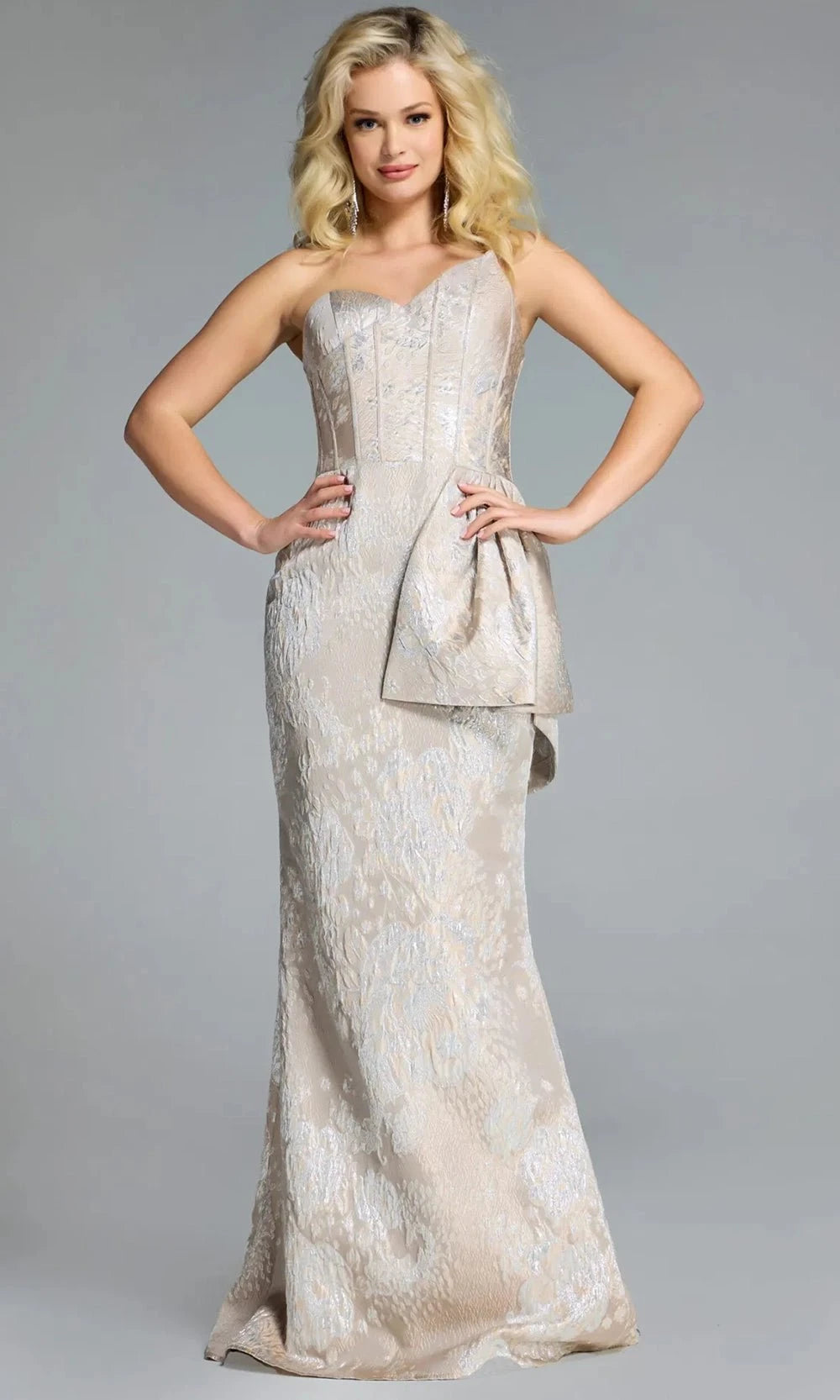 Jovani 43671 - Long Brocade Sheath Dress - Strapless, Peplum Waist, Corset Boning Bodice, Mid-Open Back, Floor-Length 12 / Taupe - Shop Jovani Dresses Jovani 43671 - Long Brocade Sheath Dress - Strapless, Peplum Waist, Corset Boning Bodice, Mid-Open Back, Floor-Length 12 / Taupe - Shop Jovani Dresses