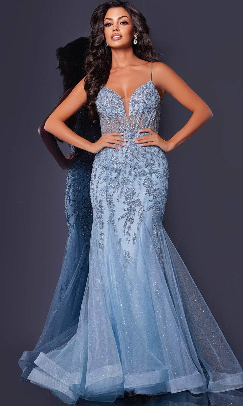 Jovani 43845 - Long Mermaid Dress - Spaghetti Straps, Sleeveless, Fitted, Sheer Inset, Illusion, Boning, Embellishments, Glitters, Floor Length, Open Jovani 43845 - Long Mermaid Dress - Spaghetti Straps, Sleeveless, Fitted, Sheer Inset, Illusion, Boning, Embellishments, Glitters, Floor Length, Open
