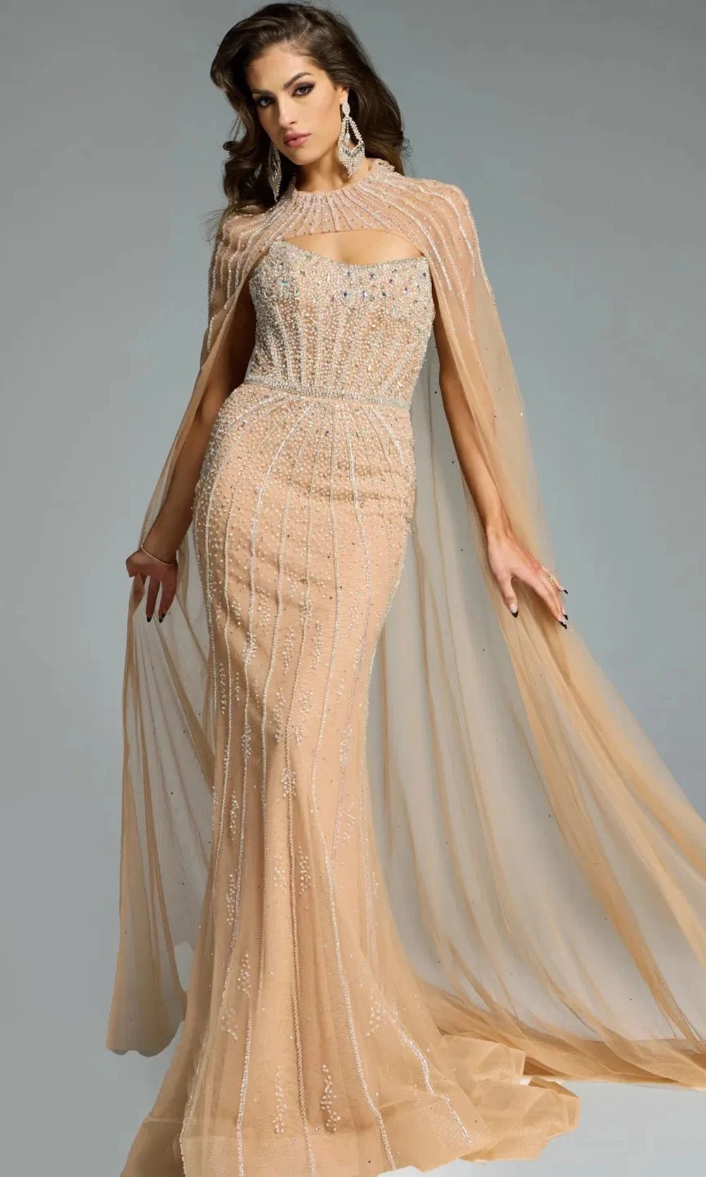 Jovani 45077 Champagne Beaded Gown with Cape | Prom & Formal Dresses Champagne / 10 Jovani 45077 Champagne Beaded Gown with Cape | Prom & Formal Dresses Champagne / 10
