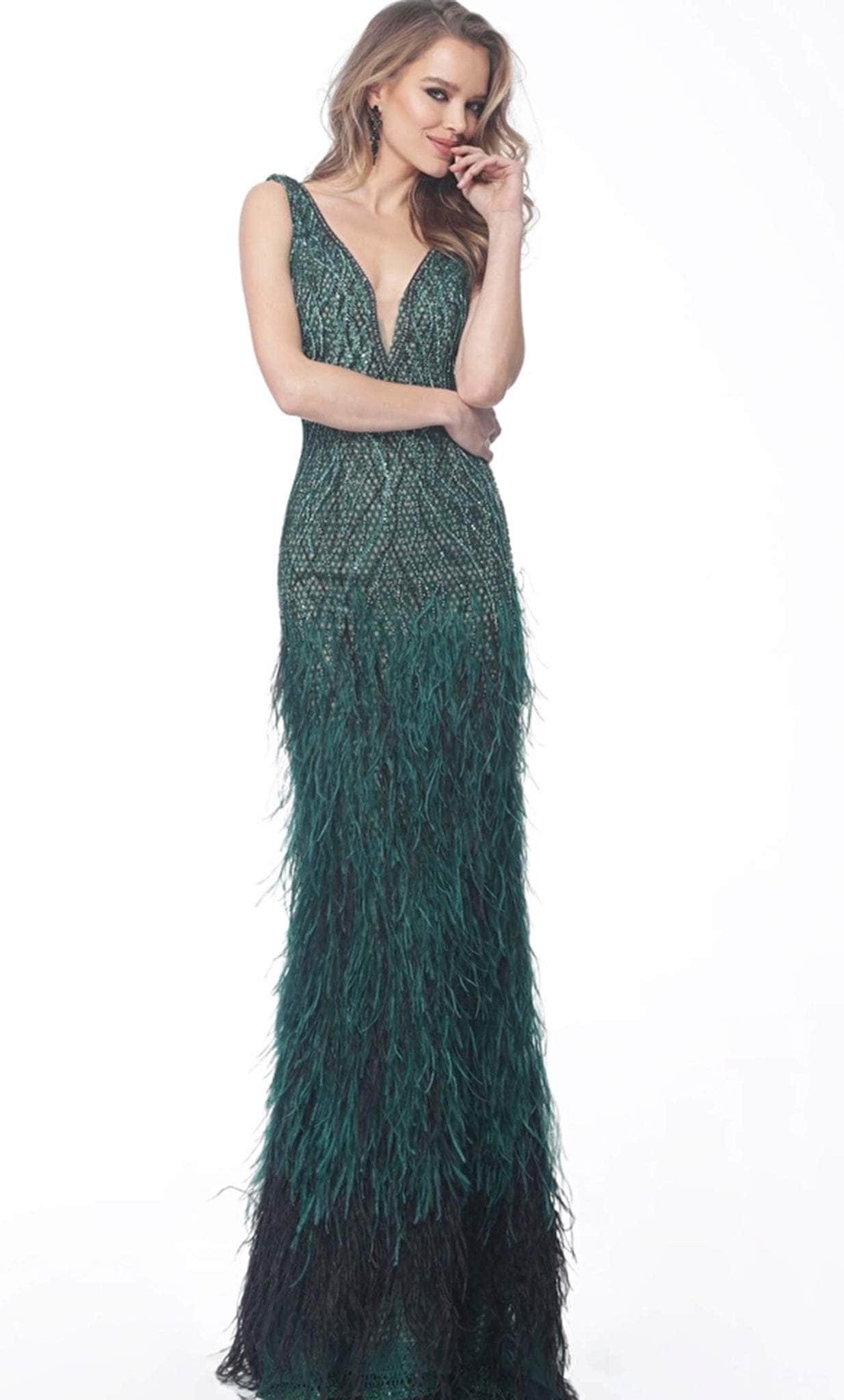 jovani green prom dress Jovani 66003 - Long Sheath Dress - Full Fringed Skirt, Beaded, Thick Straps, V Back, Light Train 2 / Emerald