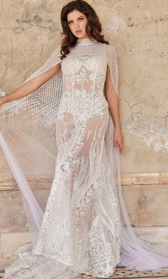 Jovani Bridal JB23659 - Illusion Cape Sheath Bridal Gown Bridal Dresses 00 / Off-White
