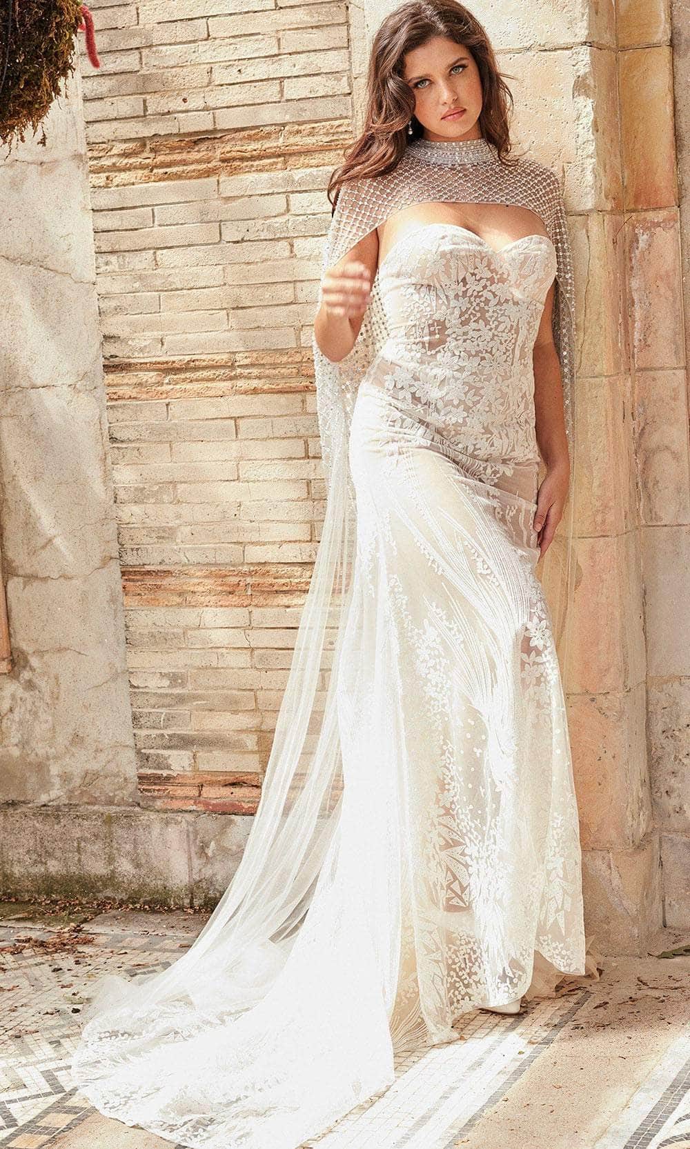 Jovani Bridal JB36547 - Long Sheath Dress - Beaded Tulle Cape, Beaded, Lace, Illusion Bodice, Floor Length, Sweep Train 0 / Off-White - Shop Jovani Jovani Bridal JB36547 - Long Sheath Dress - Beaded Tulle Cape, Beaded, Lace, Illusion Bodice, Floor Length, Sweep Train 0 / Off-White - Shop Jovani