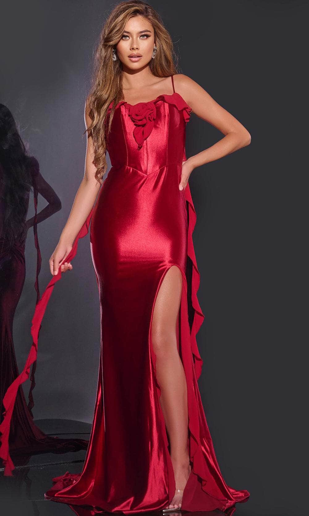 Jovani D5078 - Long Satin Sheath Dress - Spaghetti Straps, Ruffles, 3D Floral Accent, High Slit, Backless, Sweep Train, Fitted Couture Candy Jovani D5078 - Long Satin Sheath Dress - Spaghetti Straps, Ruffles, 3D Floral Accent, High Slit, Backless, Sweep Train, Fitted Couture Candy