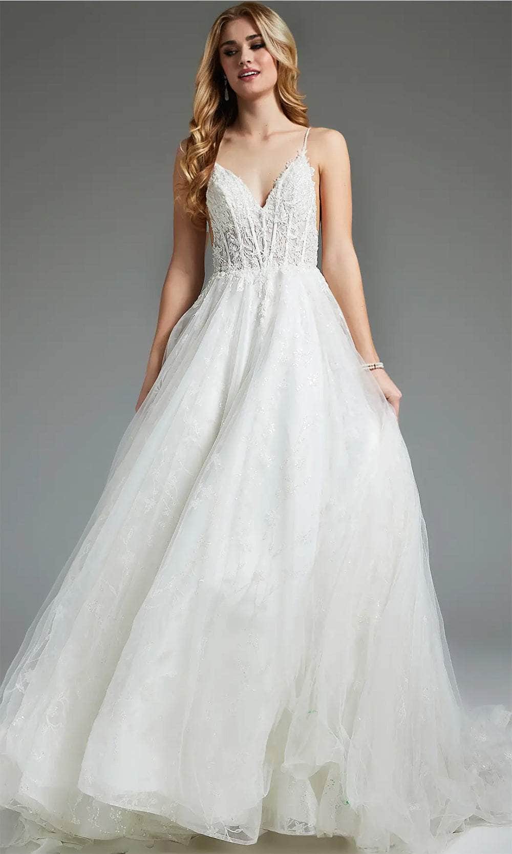 Jovani JB07647 - Long Beaded Lace Top And Glitter Sheer A-Line Dress - Spaghetti Straps, Corset Boning, Embroidered, V-Open Back, Concealed Zipper Jovani JB07647 - Long Beaded Lace Top And Glitter Sheer A-Line Dress - Spaghetti Straps, Corset Boning, Embroidered, V-Open Back, Concealed Zipper