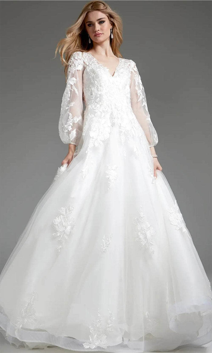Jovani JB25731 - Applique Bishop Sleeve Bridal Gown Bridal Dresses 00 / Off-White