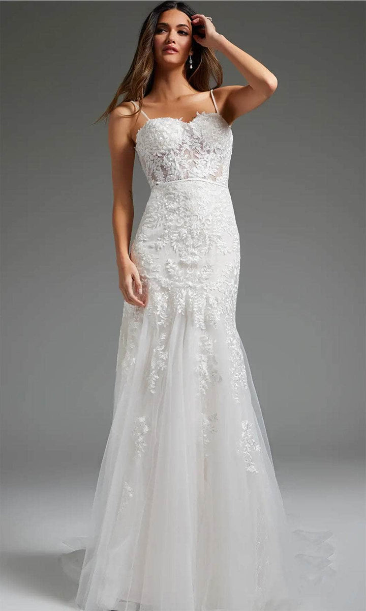 Jovani - 03389 Asymmetric Beaded Sheer Trumpet Gown