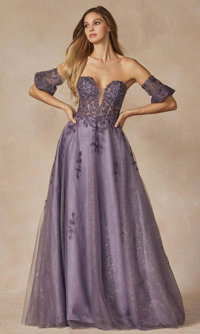 Juliet Dresses 2409 - Plunging Leaf Embroidered Ballgown Special Occasion Dress XS / Grey Purple