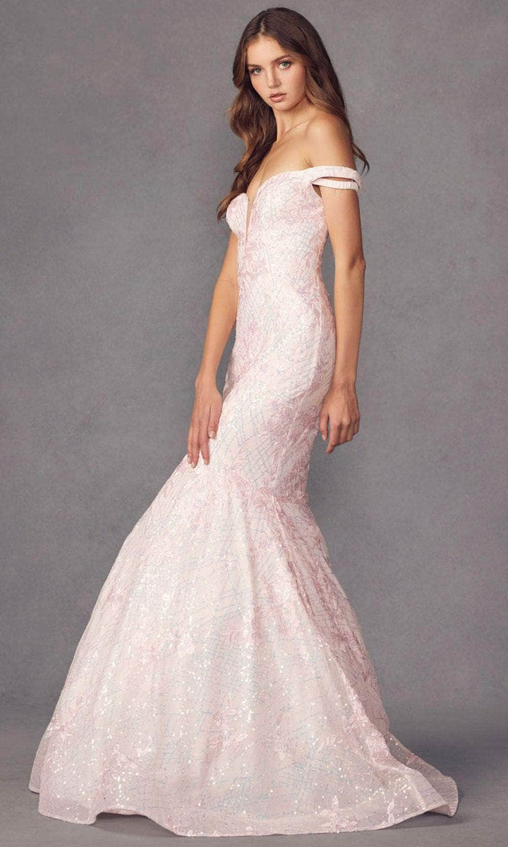 Juliet 2412 Mermaid Gown Plunging Deep V Illusion Neckline Off the Shoulder