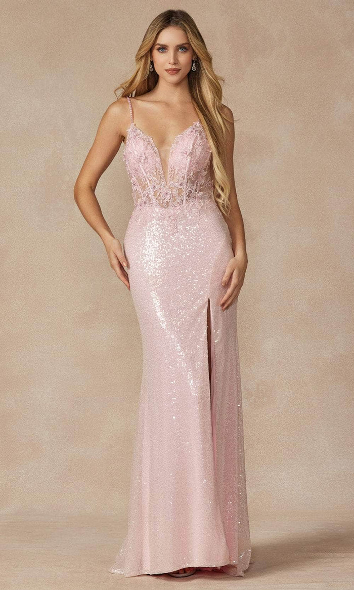 Juliet Dresses 289 - Illusion Sequin Evening Dress Special Occasion Dress XS / Ice Pink