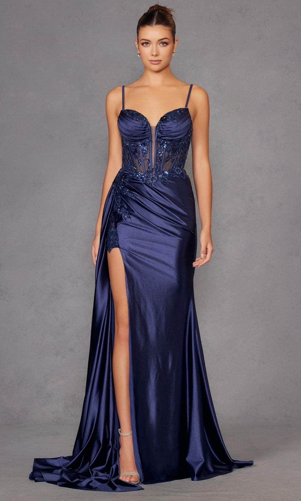 Juliet Dresses 2905K - Long Satin Sheath Dress - Lace Appliques, Beaded,  Sheer Boned Corset Bodice, Draped Bust, Thigh-High Slit, Spaghetti Straps   Couture Candy