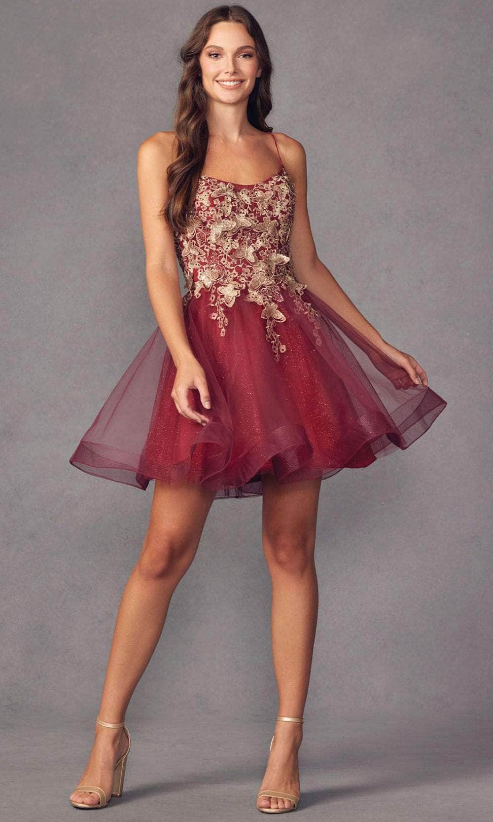 Juliet 902 3D Butterfly Applique Spaghetti Straps Cocktail Dress - BURGUNDY / XL Juliet 902 3D Butterfly Applique Spaghetti Straps Cocktail Dress - BURGUNDY / XL