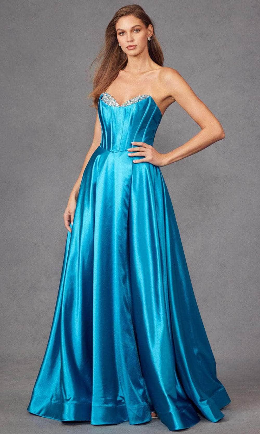 Strapless Embellished Prom Dress by Juliet JT2435A Ocean Blue / L Strapless Embellished Prom Dress by Juliet JT2435A Ocean Blue / L