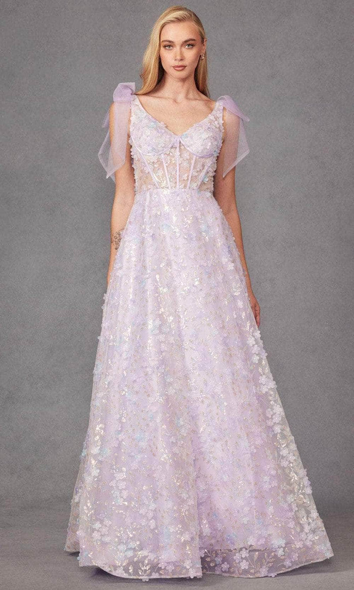 Juliet Dresses JT2439K - Glitter 3D Floral A-Line Prom Gown Prom Dresses XS / Lilac