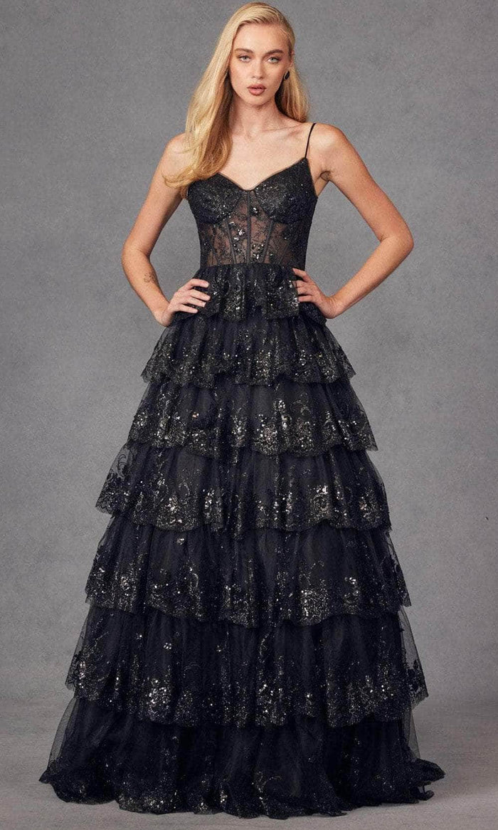 Juliet Dresses JT2454K - Sequin Lace Ruffle Skirt Prom Gown Evening Dresses XS / Black