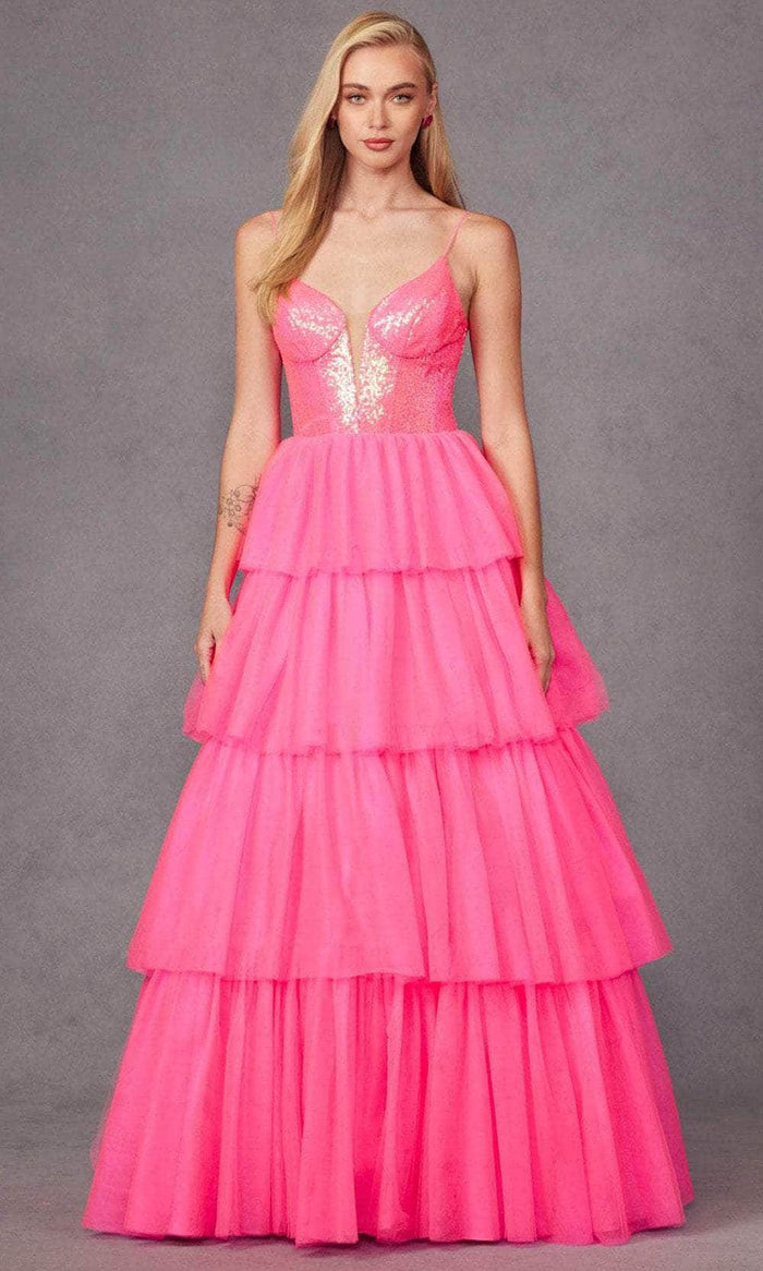 Juliet Dresses JT2457H - Sequin Embellished Plunging Neck Ballgown Prom Dresses XS / Bright Fuchsia