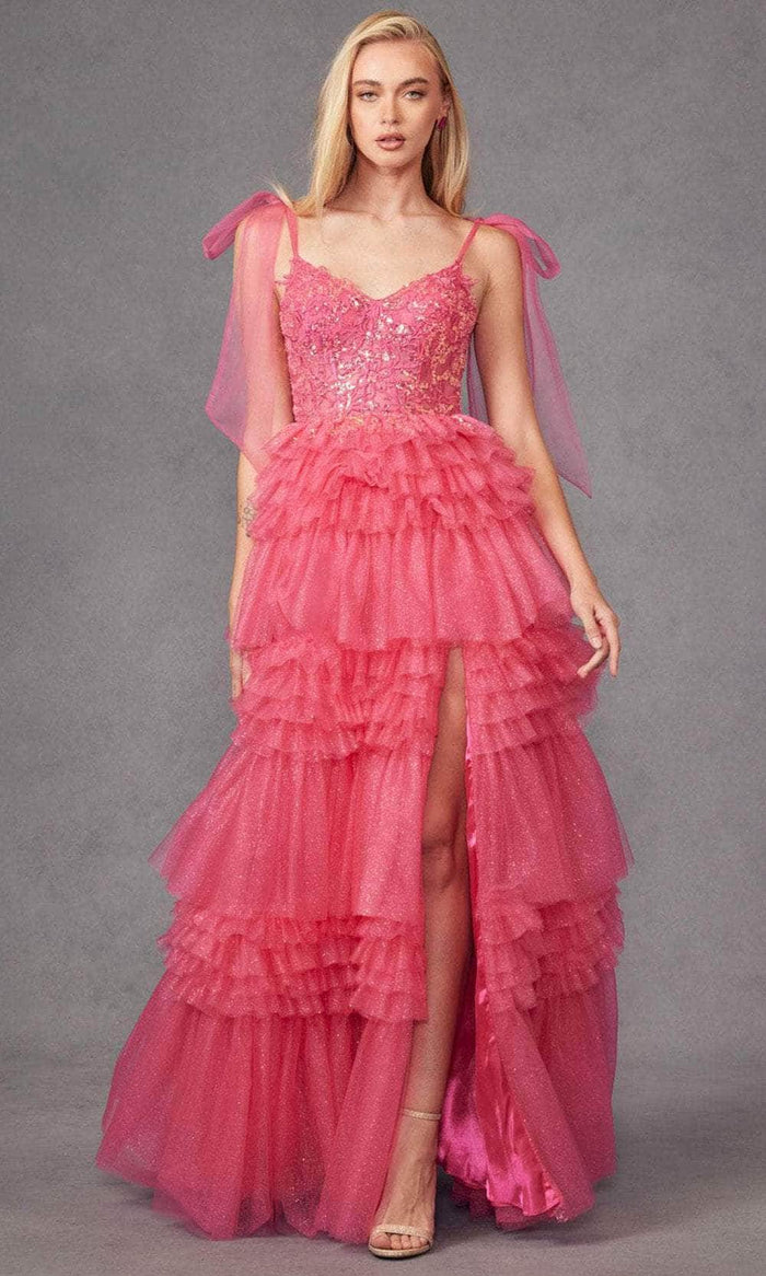 Juliet Dresses JT2465A - Bow Straps Ruffled A-Line Prom Gown Evening Dresses XS / Fuchsia