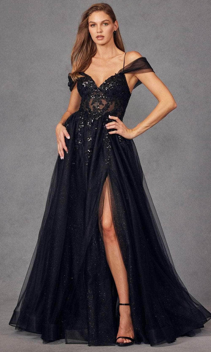 Juliet Dresses JT2466A - Cold Shoulder Sequin Appliqued Prom Gown Prom Dresses XS / Black
