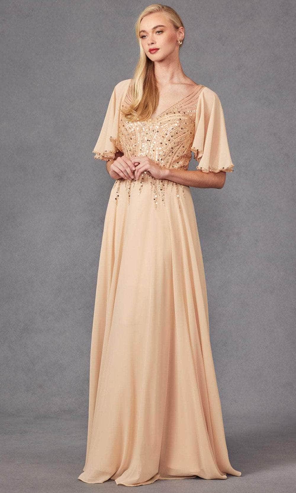 Juliet Dresses JTM14F - Flutter Sleeve Chiffon Prom Gown M / Champagne Juliet Dresses JTM14F - Flutter Sleeve Chiffon Prom Gown M / Champagne
