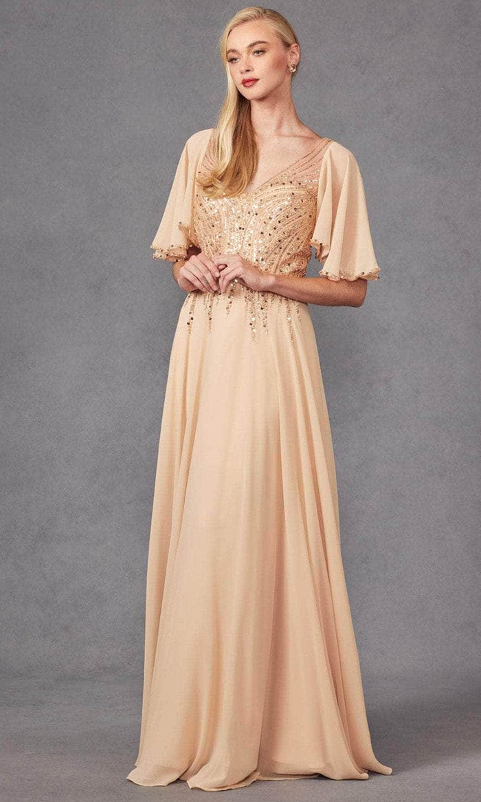 Juliet Dresses JTM14F - Flutter Sleeve Chiffon Prom Gown Evening Dresses M / Champagne