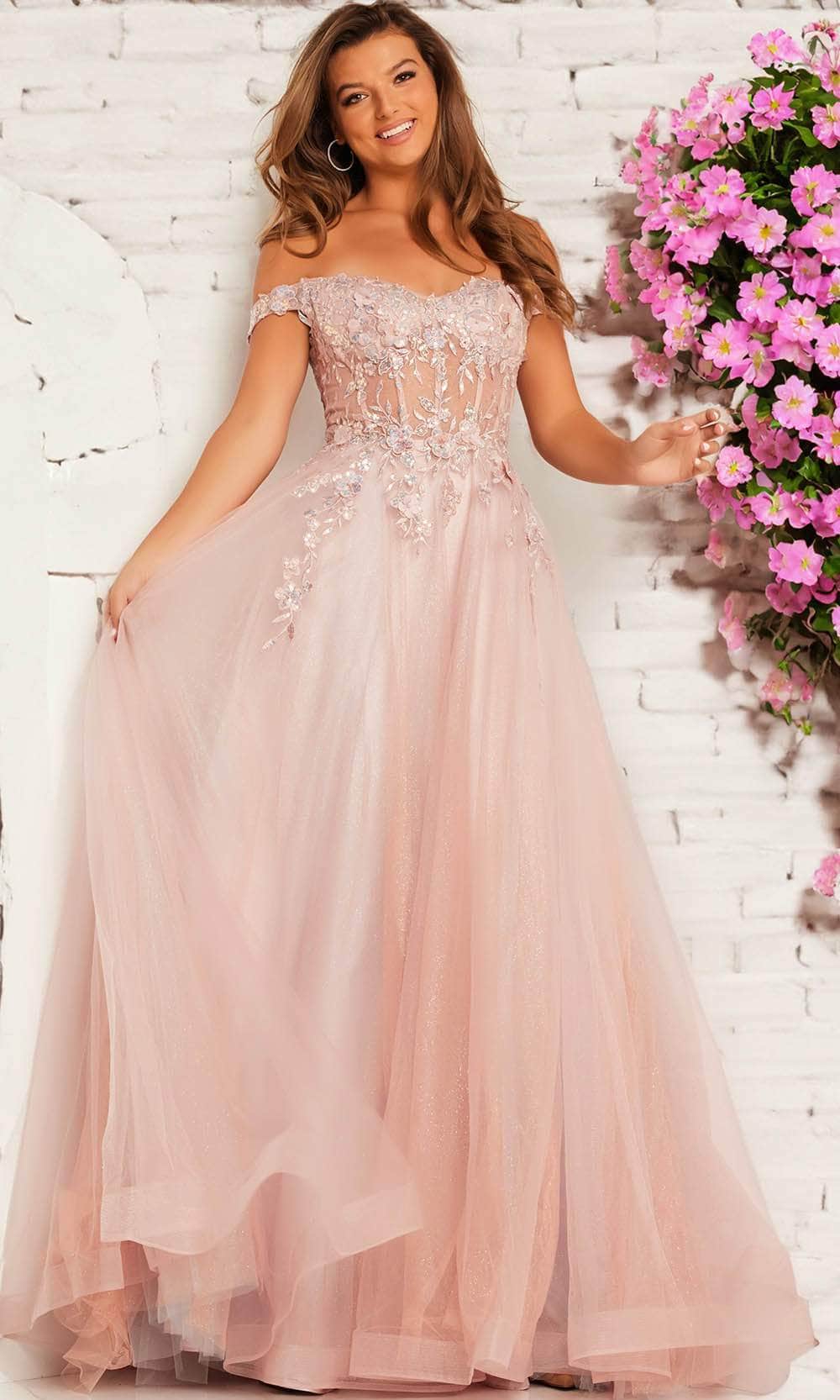 JVN by Jovani JVN37436 - Lace Appliqued Off Shoulder Prom Gown JVN by Jovani JVN37436 - Lace Appliqued Off Shoulder Prom Gown