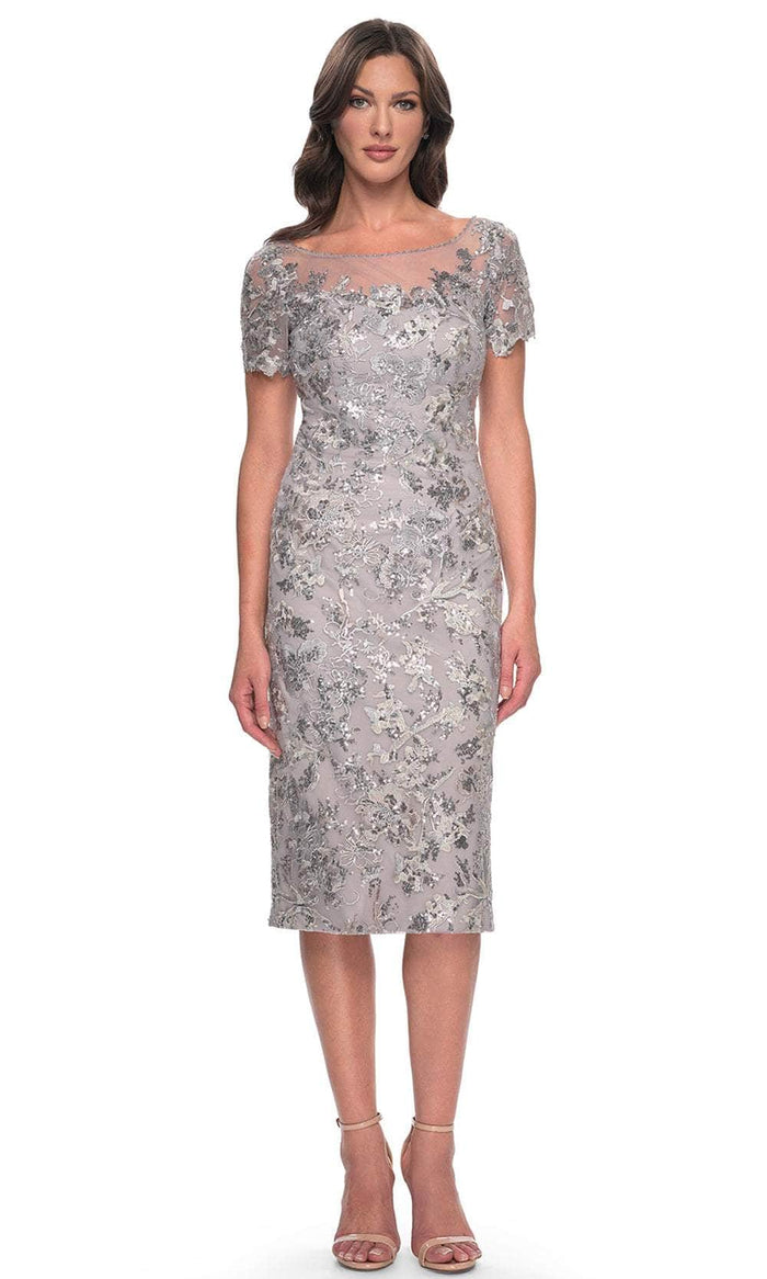 La Femme 30854 - Short Sleeve Embroidered Knee-Length Dress Mother of the Bride Dresses 2 / Silver