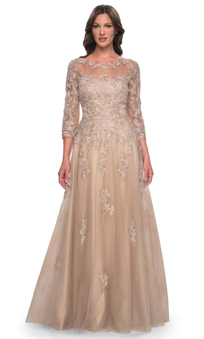 La Femme 30859 - Quarter Sleeve Bateau Neck Evening Gown Prom Dresses 4 / Champagne