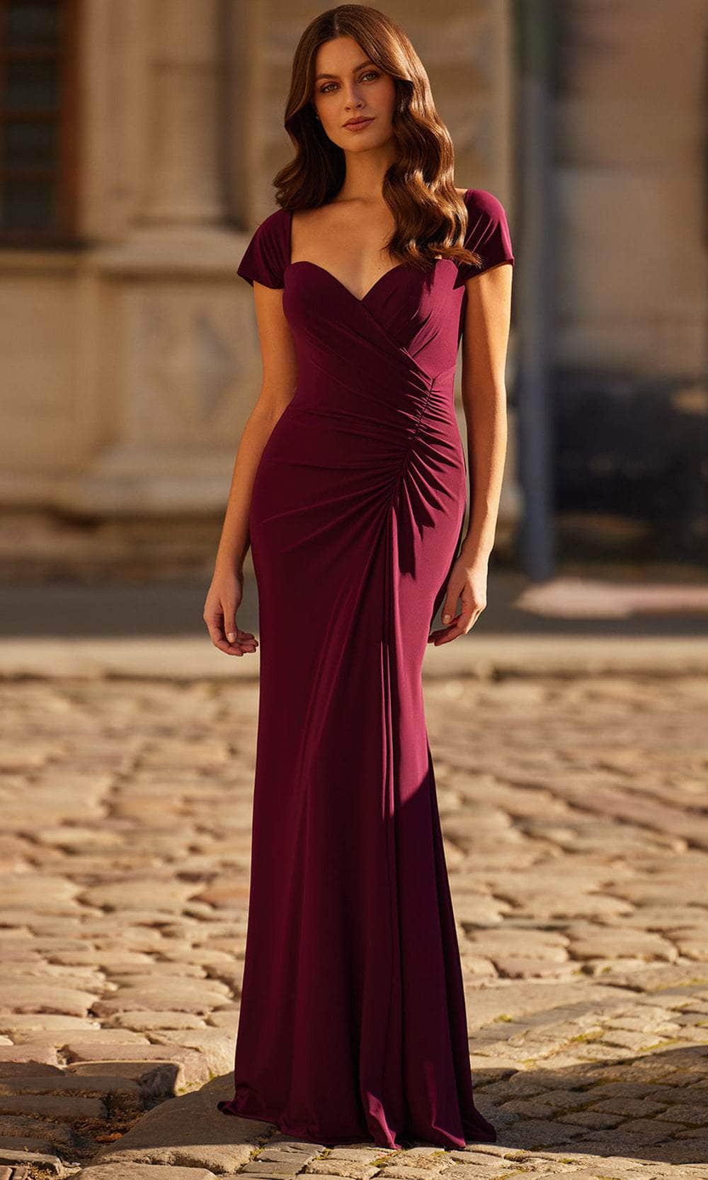 La Femme 30874 - Long Jersey Sheath Dress - Cap sleeves, Ruching, Fitted bodice, floor-length, Back zipper 8 / Black - Shop La Femme dresses on La Femme 30874 - Long Jersey Sheath Dress - Cap sleeves, Ruching, Fitted bodice, floor-length, Back zipper 8 / Black - Shop La Femme dresses on