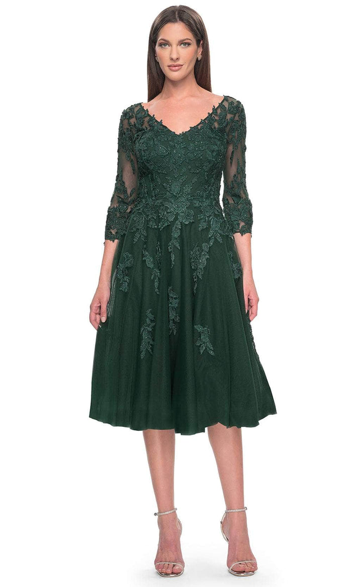La Femme 30964 - Embroidered A-line Knee-Length Dress Cocktail Dresses 2 / Emerald