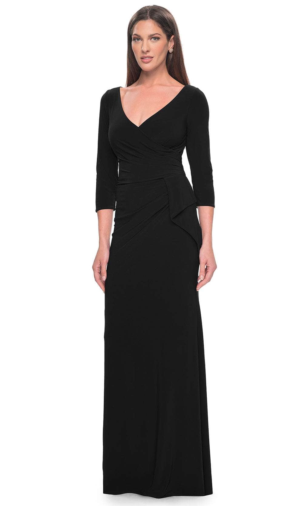 La Femme Women's Three Quarter Sleeve Jersey Evening Dress with Ruffle Detail - Black - Maxi Dresses La Femme Women's Three Quarter Sleeve Jersey Evening Dress with Ruffle Detail - Black - Maxi Dresses