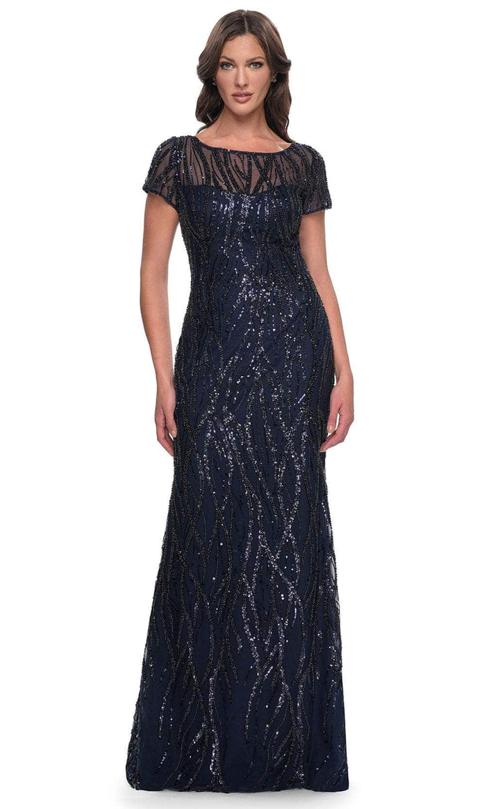 La Femme 31005 - Illusion Neck Sequin Embellished Evening Dress Mother of the Bride Dresses 4 / Navy