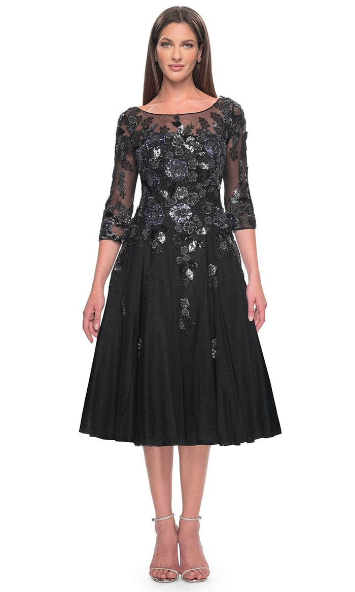 La Femme 31017 - Floral Pattern Quarter Sleeve Knee-Length Dress Cocktail Dresses 2 / Black