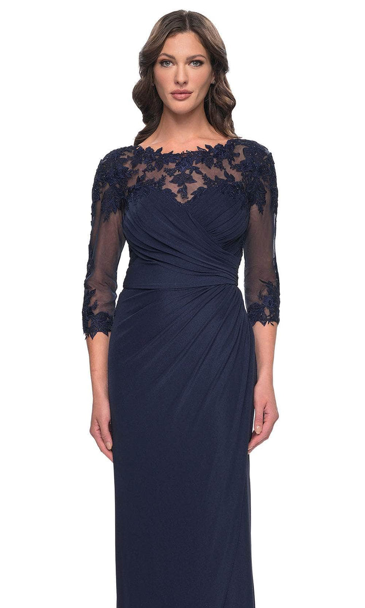 La Femme Embroidered V Neck Lace Sheath Evening Dress 23071 main image 0