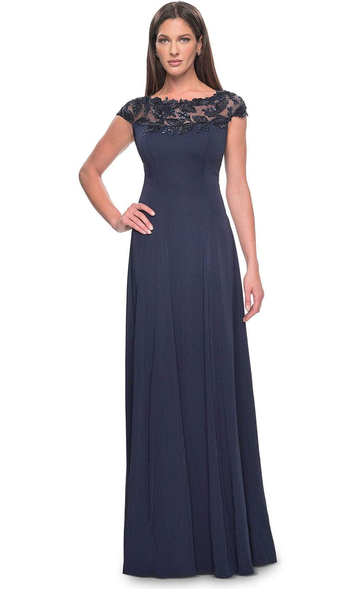 La Femme 31195 - Cap Sleeve Applique Evening Dress Evening Dresses 2 / Navy