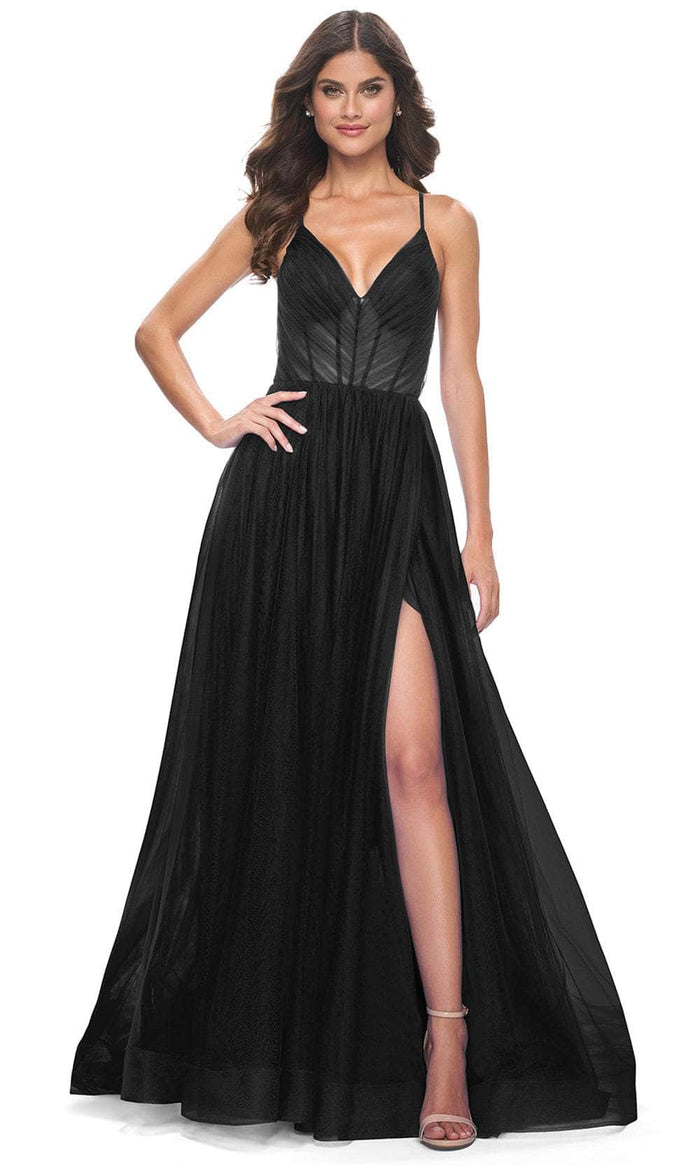 La Femme 31457 - Spaghetti Strap Tulle A-Line Prom Dress Evening Dresses 00 / Black