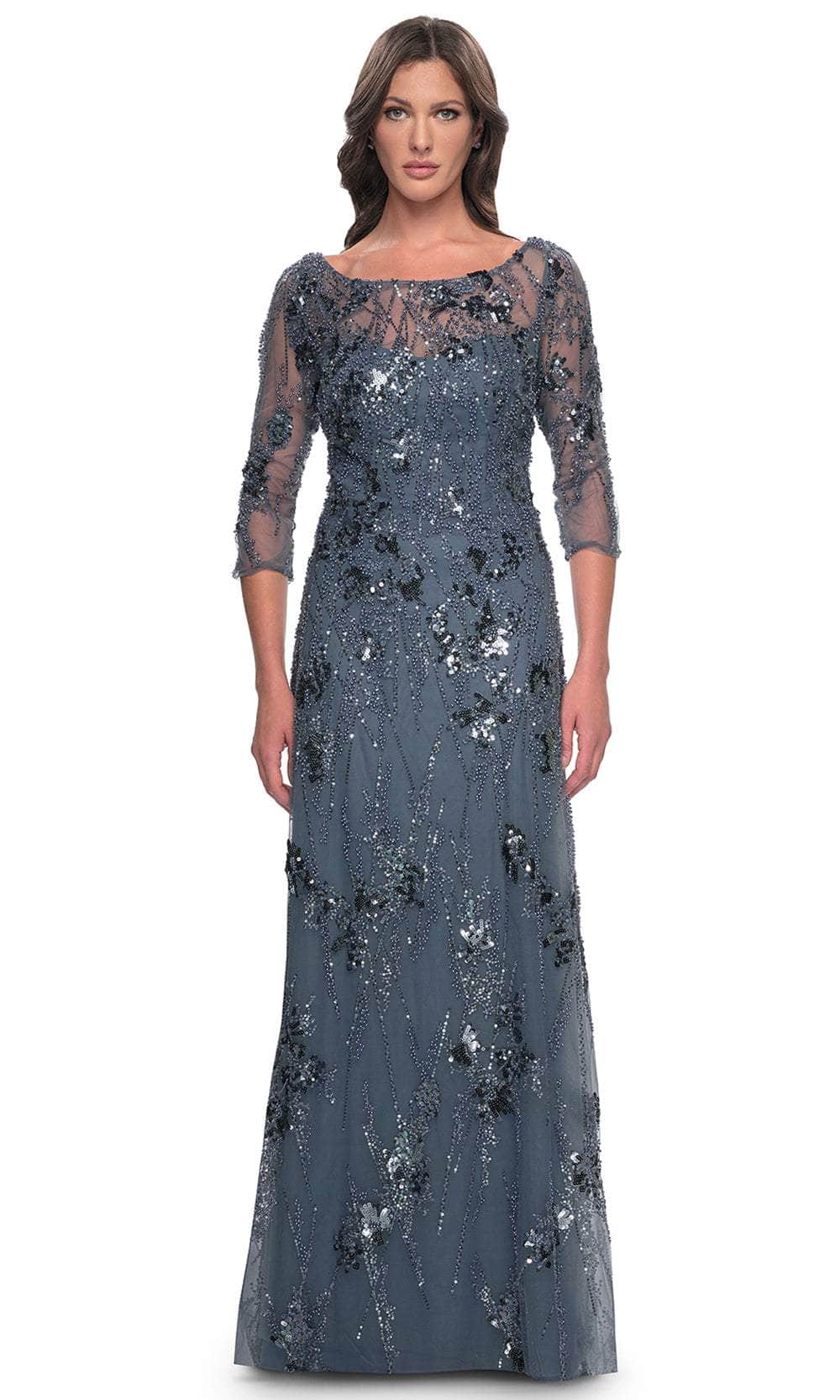 La Femme 31458 Quarter Sleeve Rhinestone Embellished Evening Gown | Formal Dress Shops 16 / Slate Gray La Femme 31458 Quarter Sleeve Rhinestone Embellished Evening Gown | Formal Dress Shops 16 / Slate Gray
