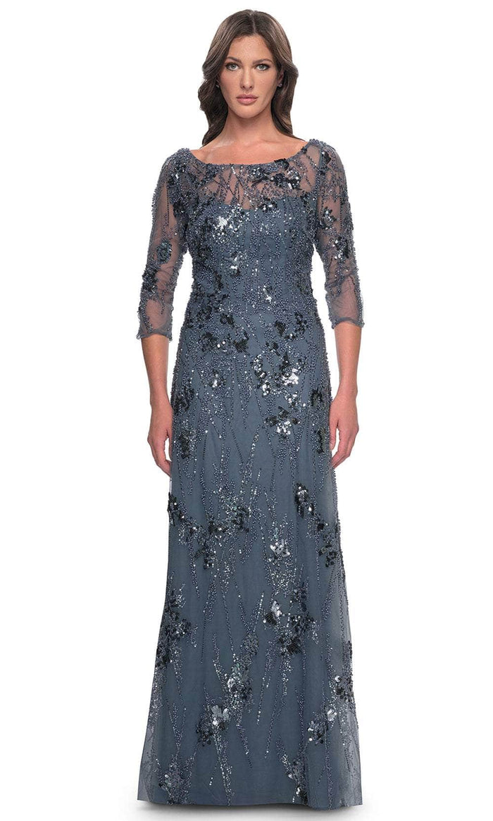 La Femme 31458 - Quarter Sleeve Rhinestone Embellished Evening Gown Mother of the Bride Dresses 4 / Slate Gray