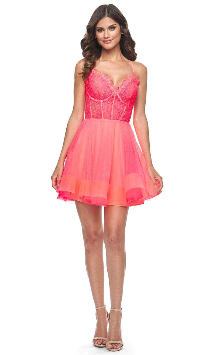 La Femme 31469 - Beaded Lace Sweetheart Cocktail Dress Cocktail Dresses 00 / Hot Coral