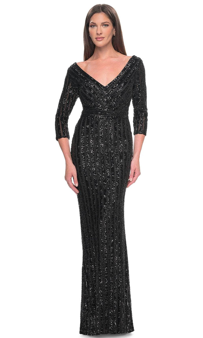 La Femme 31681 - Sequin Embellished V-Neck Evening Dress Mother of the Bride Dresses 4 / Black