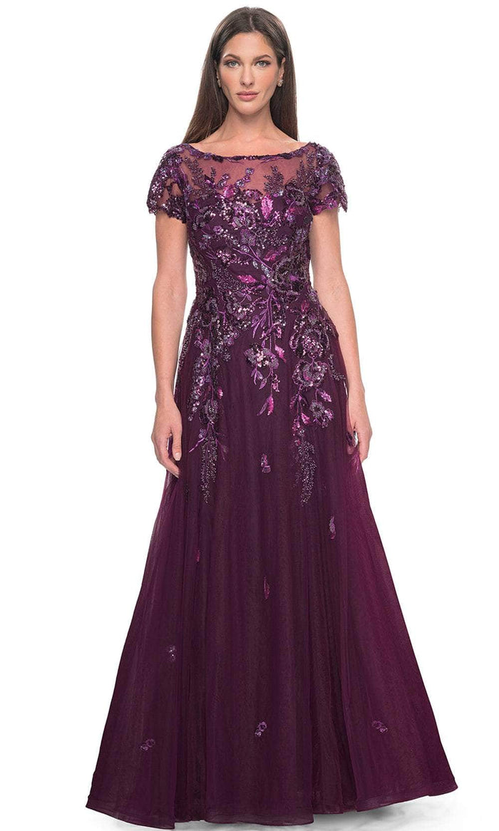 La Femme 31712 - Floral Lace Applique A-line Evening Dress Evening Dresses 4 / Dark Berry