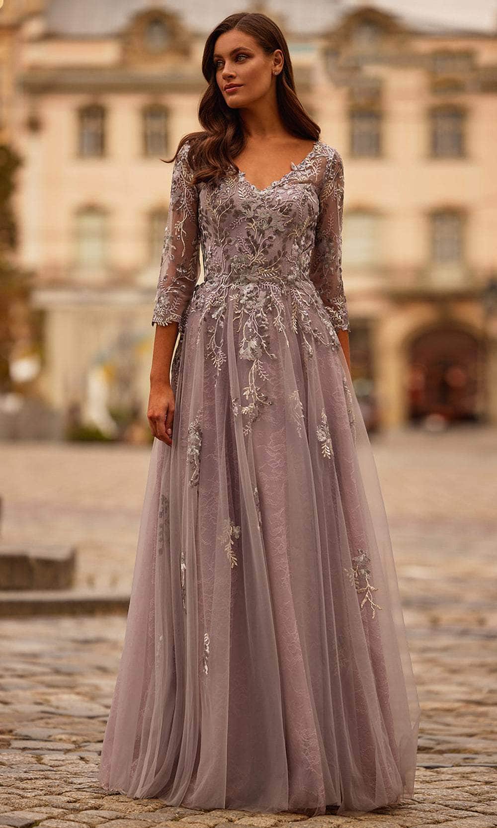 La Femme 31717 - Long Lace/Tulle A-Line Dress - Lace Bodice, Beaded, Illusion Long Sleeves, Floor-Length, Ruched Waistline 10 / Silver/Mauve - Shop La La Femme 31717 - Long Lace/Tulle A-Line Dress - Lace Bodice, Beaded, Illusion Long Sleeves, Floor-Length, Ruched Waistline 10 / Silver/Mauve - Shop La