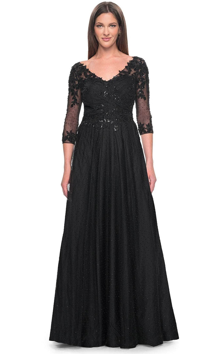 La Femme 31776 - Embroidered V-Neck Evening Dress Evening Dresses 4 / Black