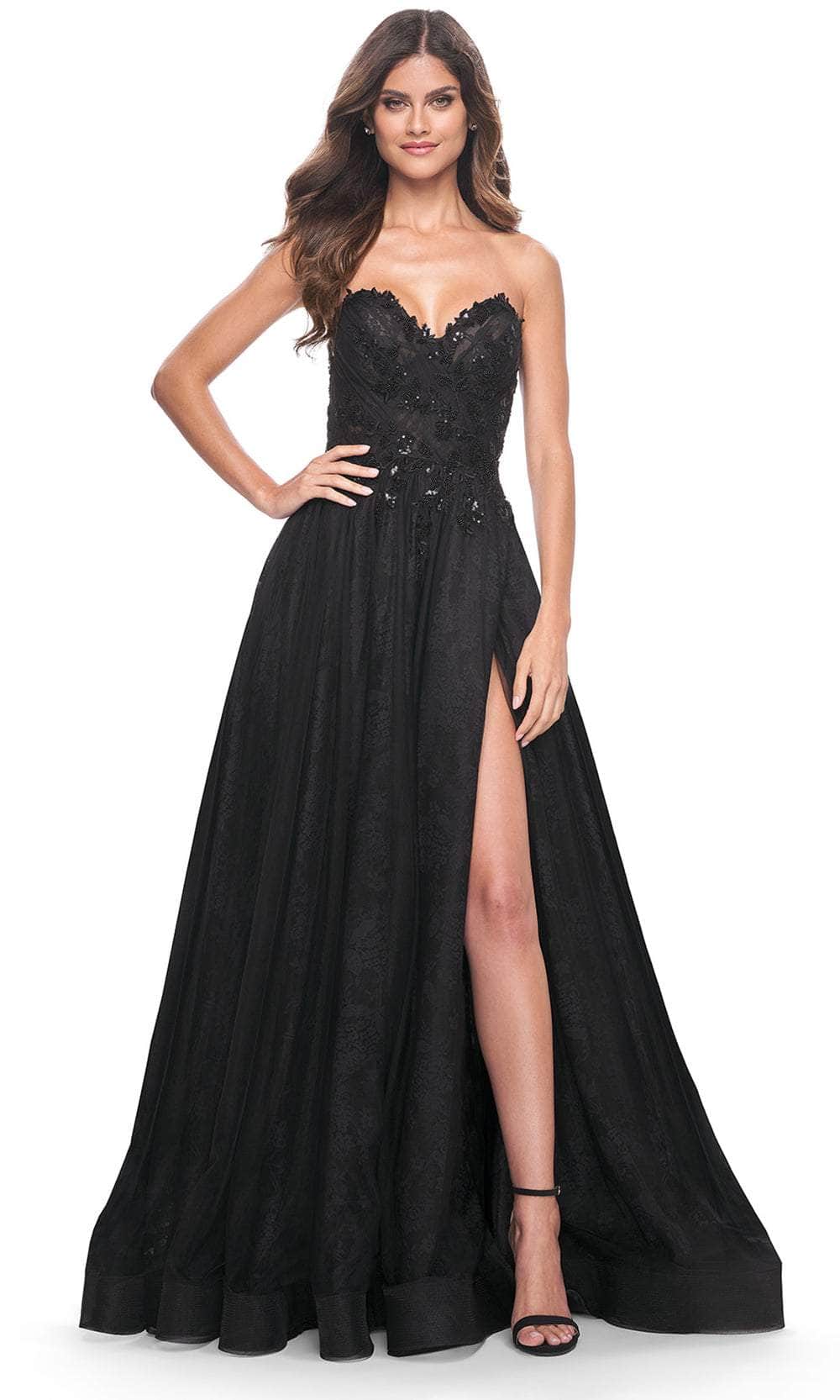 black a line prom dress La Femme 31954 - Appliqued Strapless A-Line Prom Dress 6 / Dark Emerald