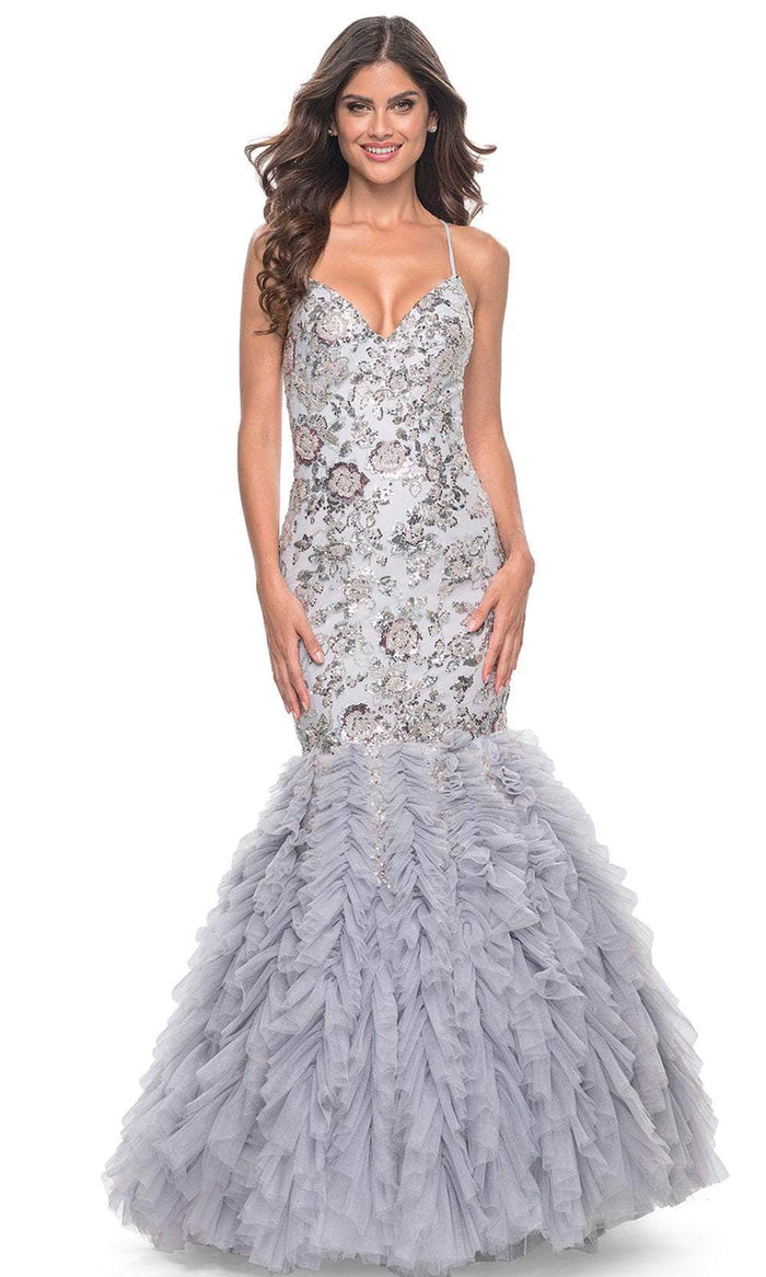 La Femme 32105 - Lace-Up Back Ruffled Mermaid Prom Gown Prom Dresses 00 / Silver