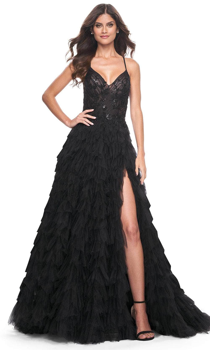 La Femme 32108 - Ruffle Detailed A-Line Prom Gown Prom Dresses 00 / Black