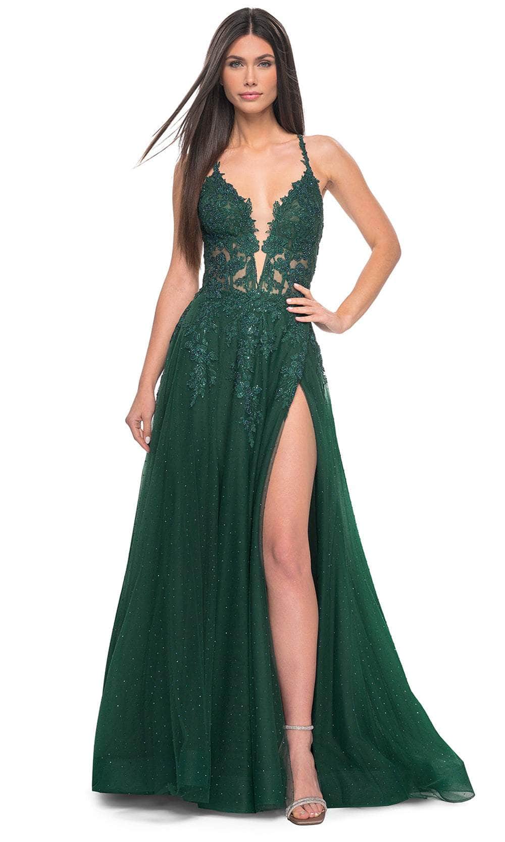 La Femme 32147 Lace Applique Prom Dress with Slit | Formal Dress Shops 2 / Emerald La Femme 32147 Lace Applique Prom Dress with Slit | Formal Dress Shops 2 / Emerald