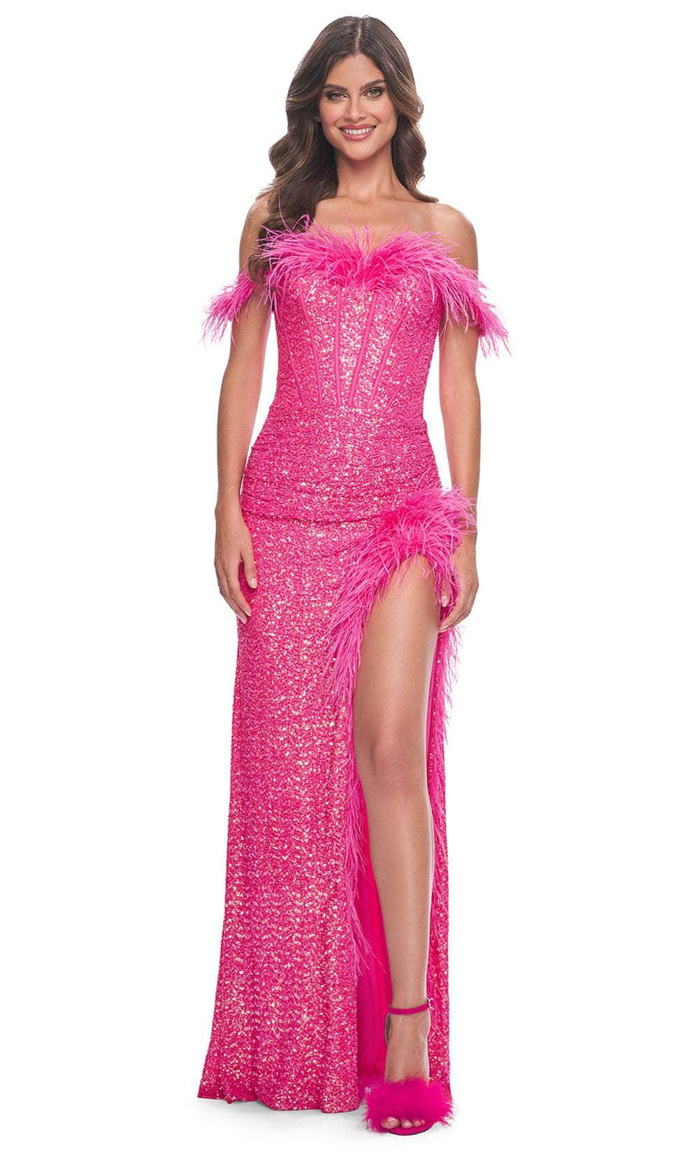neon off the shoulder dress Nina Canacci 7504 Off Shoulder Sleeveless Long Prom Dress
